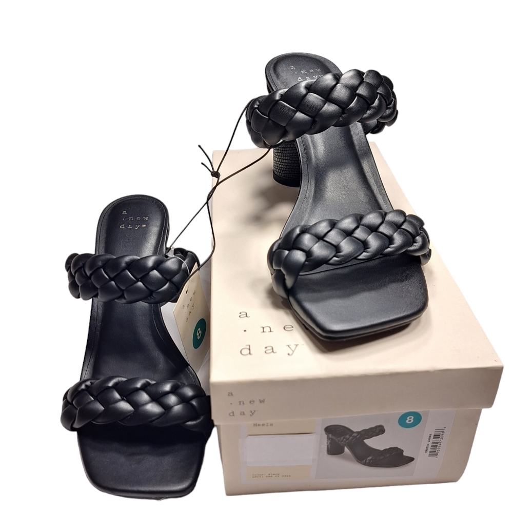 a.new day Women's Black Slip On Basil Heels Size 8 Woven Straps - Picture 8 of 12